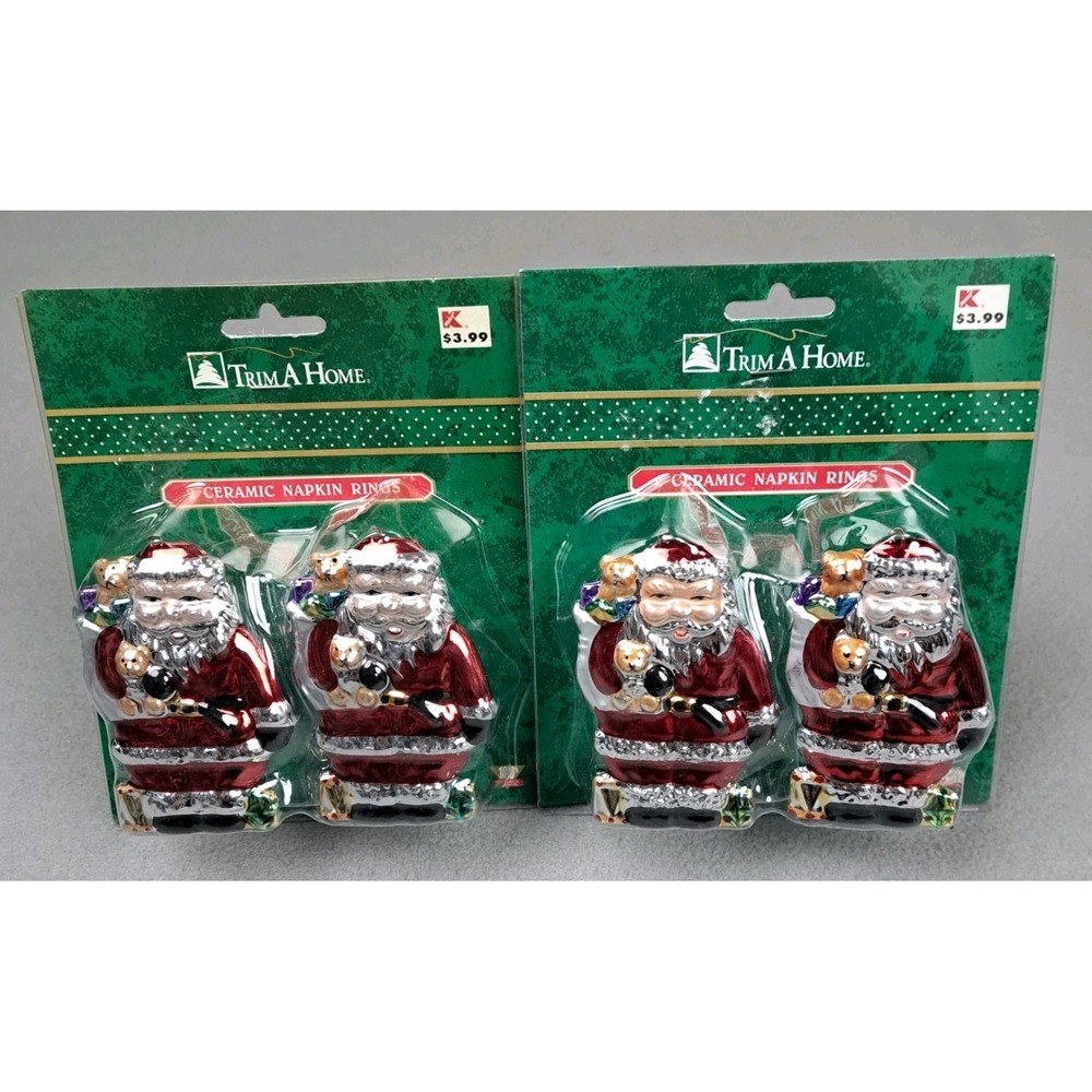 Vintage Ceramic Santa Napkin Rings Lot Of 4 Holiday Tableware Allure 90s NEW NOS